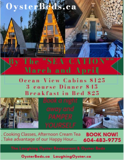 Promotional flyer for Oyster Beach, featuring cabin rates, dinner information, and booking details.